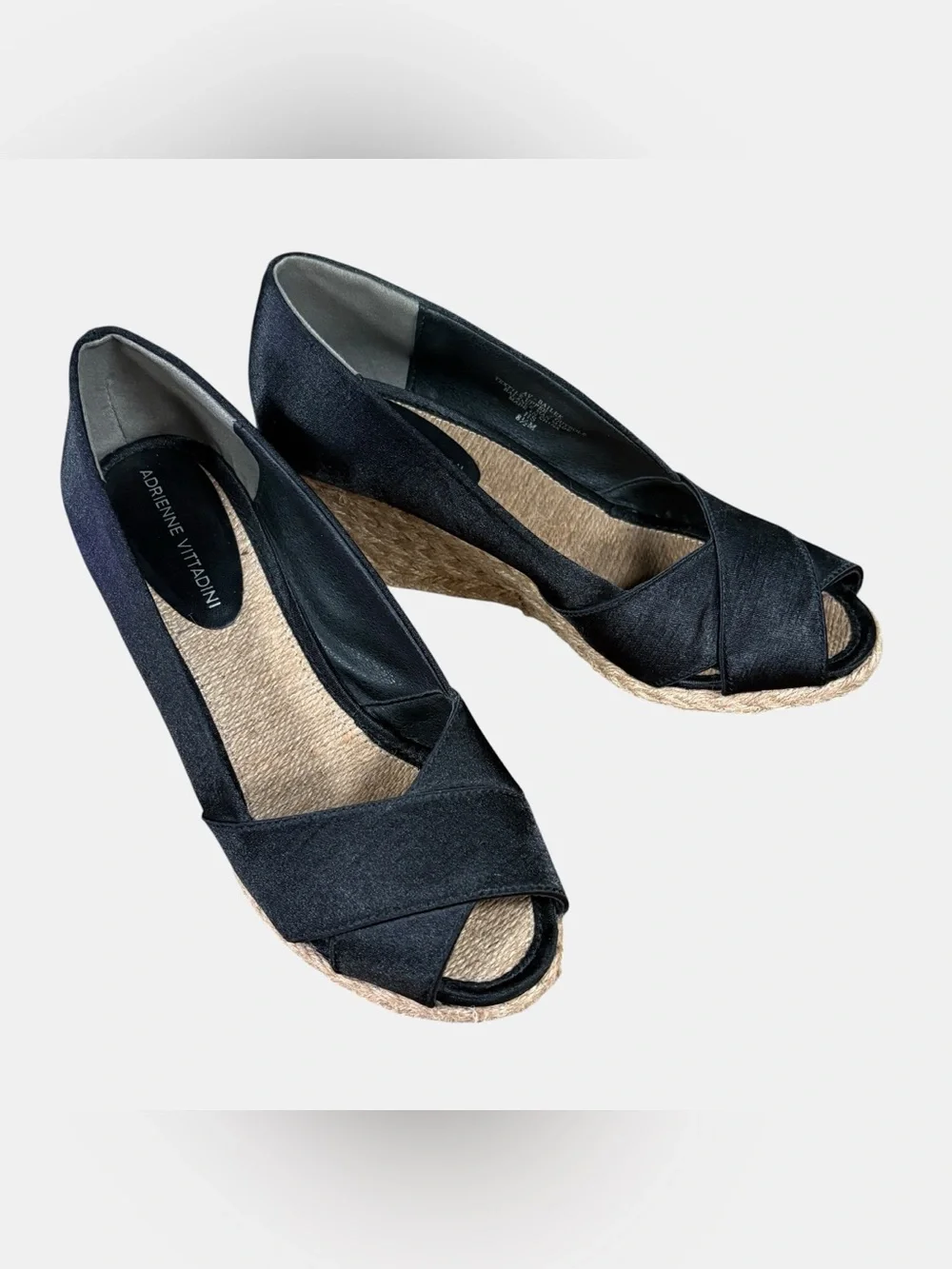 Adrienne Vittadini AV Bailey Black Satin Espadrille Wedge Peep Toe Women’s 8.5